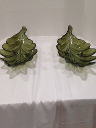 Pair Of Glass Leaf Bowels