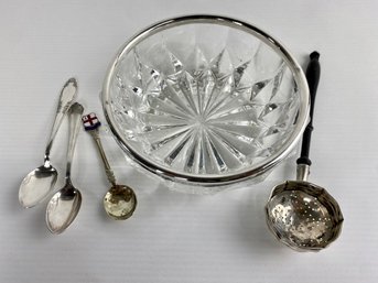 Sterling Rimmed Glass Dish, Tea Strainer, SS Spoon, Etc.