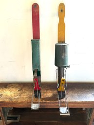 PAIR Antique Metal Seeders In Red, Green & Yellow!