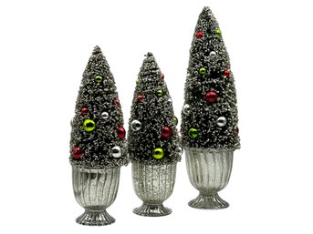 Trio Of Vintage Inspired Bottle Brush Christmas Trees In Faux Mercury Glass Pots