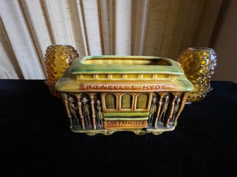 Vintage Glazed Pottery Planter: San Francisco Tram With Pair Of Fenton Fairy Lamps