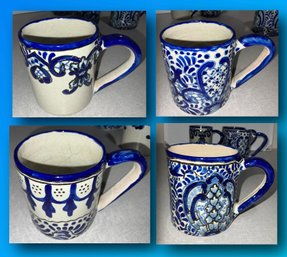 4 Vintage Signed Blue Uriarte Patterned Mug Set ~ MEXICO ~