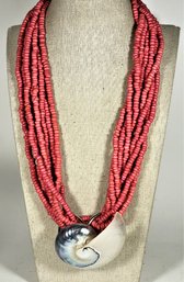 Fine Red Coconut Shell Necklace With Large Shell