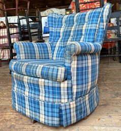 Upholstered Blue Plaid Swivel Chair - Very Retro