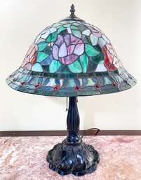 A Vintage Bronze And Stained Glass Tiffany Style 'Mushroom' Lamp - Rose Petal Motif