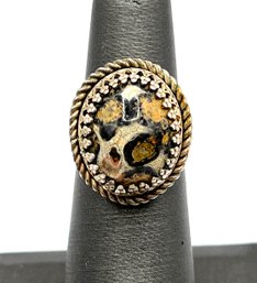 Vintage Sterling Silver Speckled Stone Ornate Ring, Size 5.25