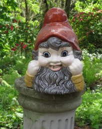 Ceramic Garden Gnome Laying On His Belly, Head In His Hands.