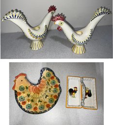 Mid Century Rooster Candlesticks, Divided Dish, Egg Dish,