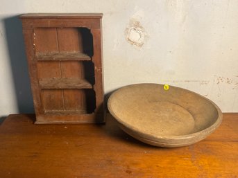 ANTIQUE WOODEN BOWL AND KNICK KNACK SHELF