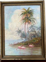 Tropical Beach Scenic W/ Flamingos Oil On Canvas Painting, Circa 1965