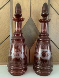 Pair Of Cranberry Glass Decanters