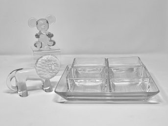 Clear Glass Lion Figurine, Art Glass Koala Sculpture Paperweight And A 5- Piece Serveware Set