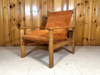 A Vintage Mid-Century Modern Arm Chair In Oak With A Sling Chair & Cushion In Burnt Orange Corduroy