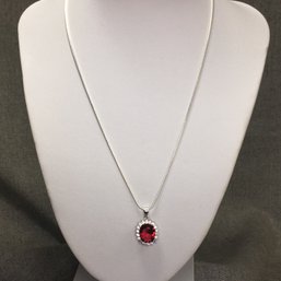 Wonderful Sterling Silver & Garnet Pendant With Platinum Plated Sterling Silver Snake Chain - Very Pretty !