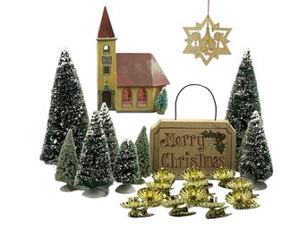 Christmas Decor Lot! Illuminated Church, Dept 56 Bottle Brush Trees, 10 Gold Clip On Candle Holders & More