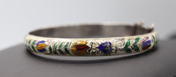 Vintage Enameled Sterling Silver Hinged Bangle Bracelet - Floral Motif