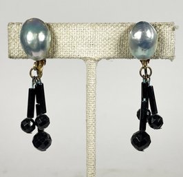 Pair Mabe Pearl And Black Jet Ear Clips Earrings