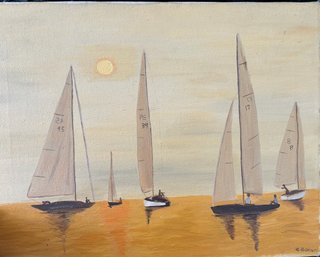 Sailboat Painting On Canvas Signed C. Bokum