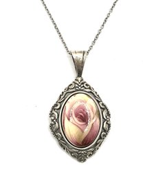Vintage Sterling Silver Rose Ornate Pendant Necklace