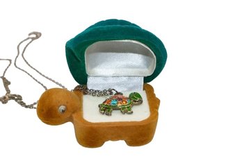 Silver Tone Necklaces With Adorable Turtle Pendant In Turtle Box