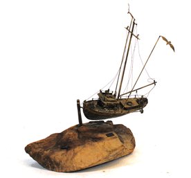 Nicely Detailed Handmade Brass Fishing Boat Atop A Piece Of Driftwood By W. Rice