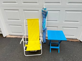 Beach Chair, Umbrella, And Plastic Table