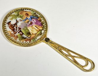 Limoges Porcelain Gilt Brass Small Hand Mirror Fragonard Courting Scene