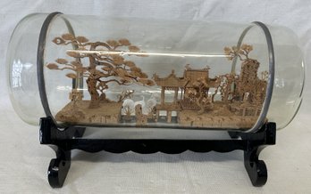 Vintage Mid Century CHINESE CARVED CORK DIORAMA- Barrel-form Case With Pagodas And Cranes