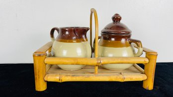 Vintage Stoneware Creamer & Sugar Set In Bamboo Caddy