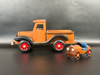 A Pair Of Handcrafted Wooden Toys: Truck & Car