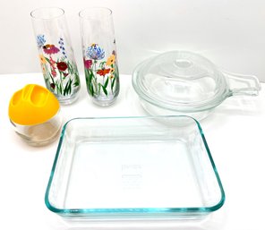 Pyrex Baking Casserole Dishes, 1 With Cover, Pyrex Egg Cooker & 2 Hand Painted Glasses
