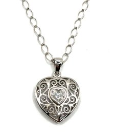Beautiful Italian Sterling Silver Large Chain With Clear Stone Heart Pendant