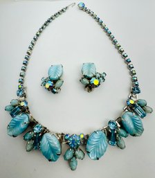 VINTAGE SIGNED WEISS SILVER TONE ICE BLUE RHINESTONE NECKLACE AND CLIP-ON EARRINGS SET