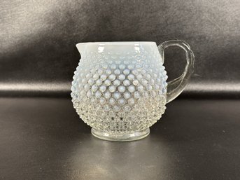 A Collectible Vintage Squat Pitcher By Fenton Glass, Hobnail French (Opalescent) Pattern