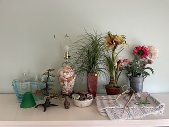 Lot Of Assorted Beachy Items: Shell Lamp, Faux Plants, Rocks, Rug, Baskets, Etc