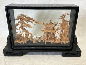 Vintage Mid Century CHINESE CARVED CORK DIORAMA- Lacquered Wood Frame On Stand