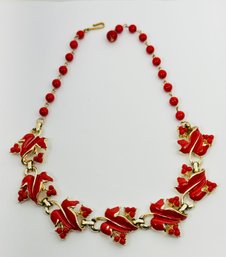 VINTAGE SIGNED CORO RED ENAMEL AND BEADED CHOKER NECKLACE