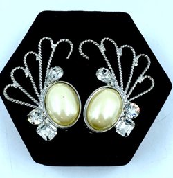 Fabulous Oversized Art Deco Faux Pearl And Rhinestone Clip Earrings
