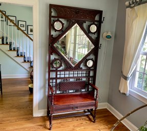 Very Fine Arts And Crafts Era Hall Bench/Stand With Beveled Mirror