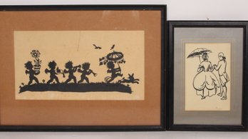 ANTIQUE LOT OF A PEN ON PAPER & SILHOUETTE ART