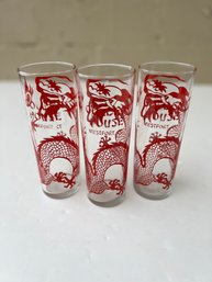 Vintage Red Dragon Asian Restaurant Set Of 3 Tumblers Tall Glasses