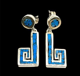 Vintage Mexican Sterling Silver Turquoise Color Inlay Dangle Earrings