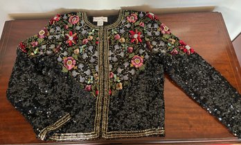 Laurence Kazar Floral Black Sequin Blouse Jacket