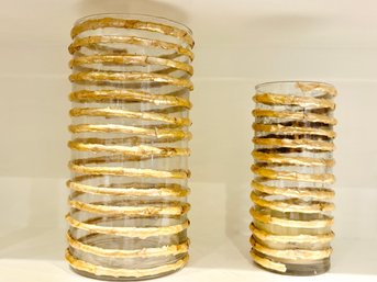 Pair Of Gold Banded Glass Vases Or Candle Holders