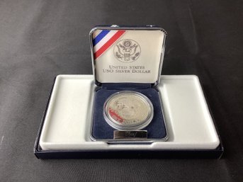 1991 S US - USO Silver Dollar Proof 50th Anniversary Commemorative Coin With COA And Original Box (90 Percent)