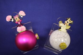 Pair Of Vintage Mickey & Minny Mouse Glass Ornaments From Disney