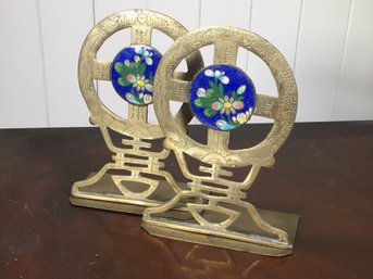 Lovely Pair Of Chinese Vintage Solid Brass Folding Bookends With Blue Floral Cloisonne Medallions - Nice !