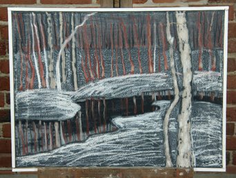 Vintage Doris Carter Oil Stick On Canvas Expressionist Winter Forest Painting
