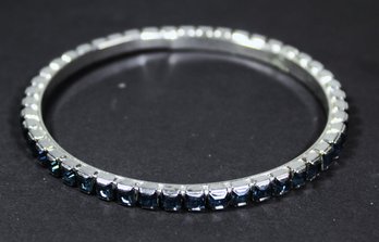 Vintage Silver Tone Bangle Bracelet Having Blue Square Rhinestones