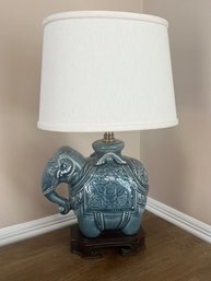 Vintage Ethan Allen Ceramic Tibetan Elephant Lamp On A Mahogany Base - In Dusty Blue